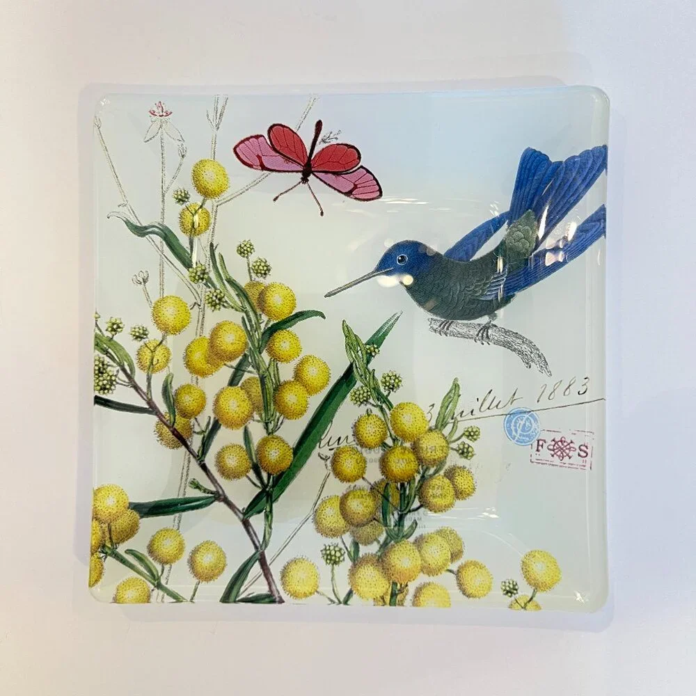 Blue Hummingbird & Pink Butterfly Ornate Small Glass Trinket Dish Jewelry Tray